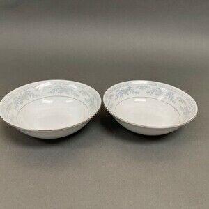 Somerset NL Excel Soup Cereal Bowl Floral White Blue Platinum Trim Lot of 2